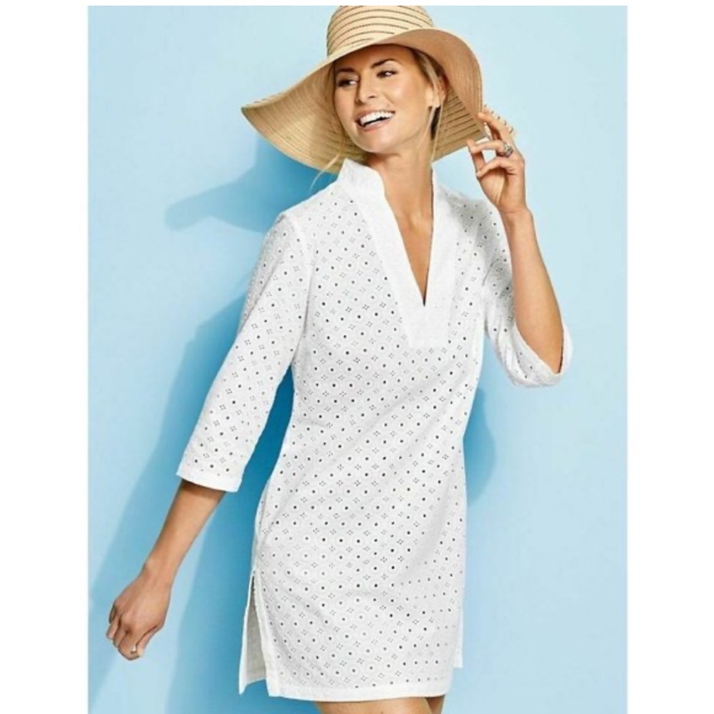 Talbots white eyelet split neck 3/4 sleeve swim coverup tunic top
